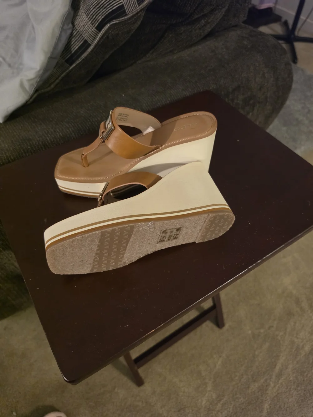 ALDO Brown Leather Platform Wedge Thong Sandals with Cream Sole
